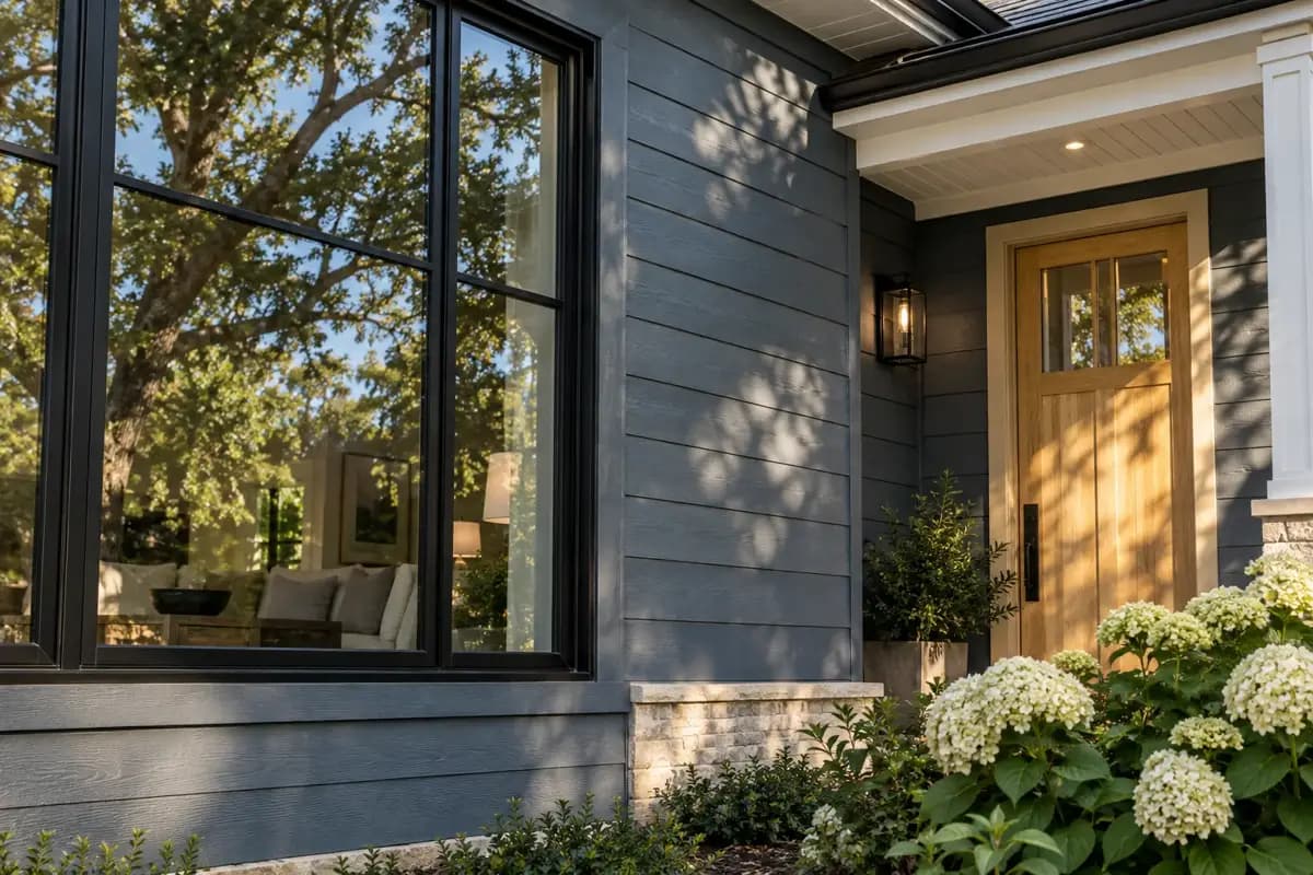 Dark grey lap siding meeting a black exterior window and a wood entry door