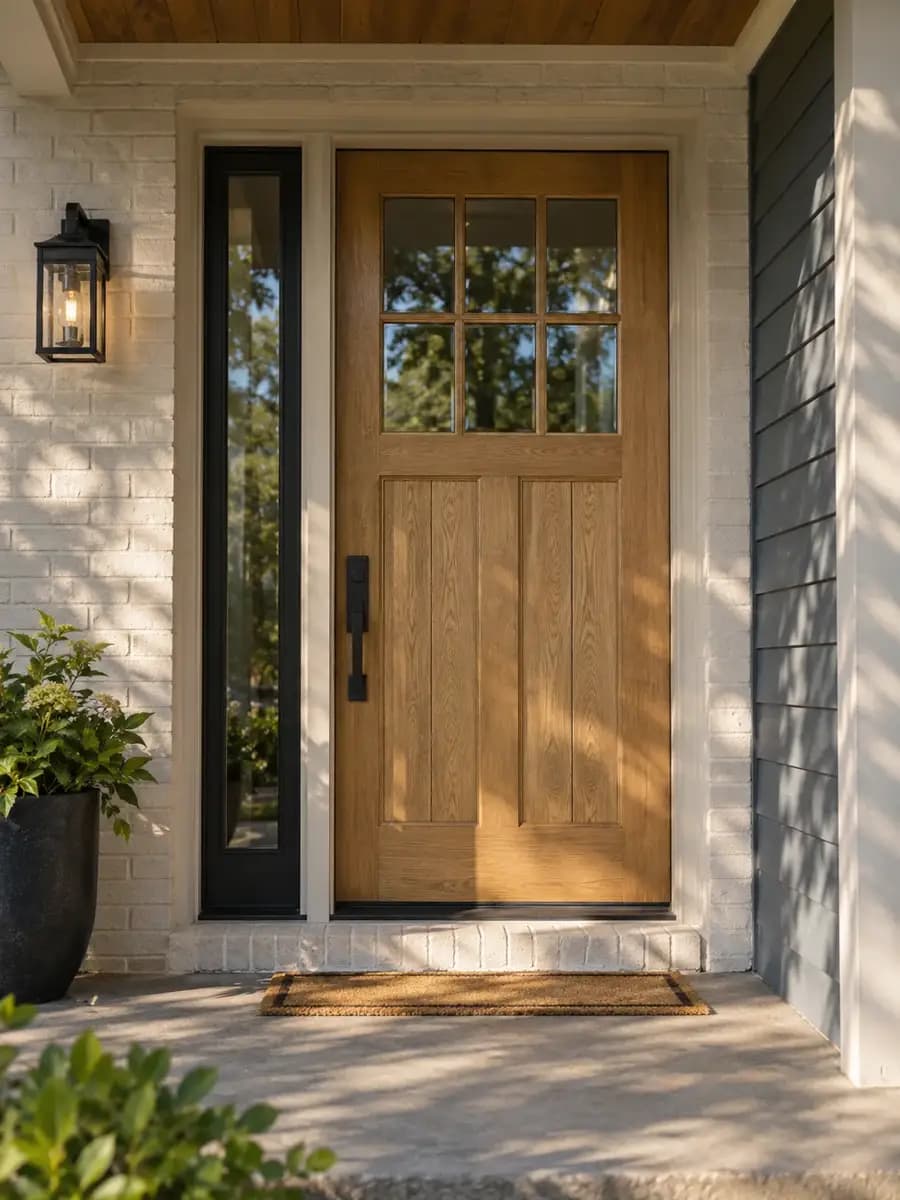 A wood-look front entry door with a tall glass sidelight on a covered porch