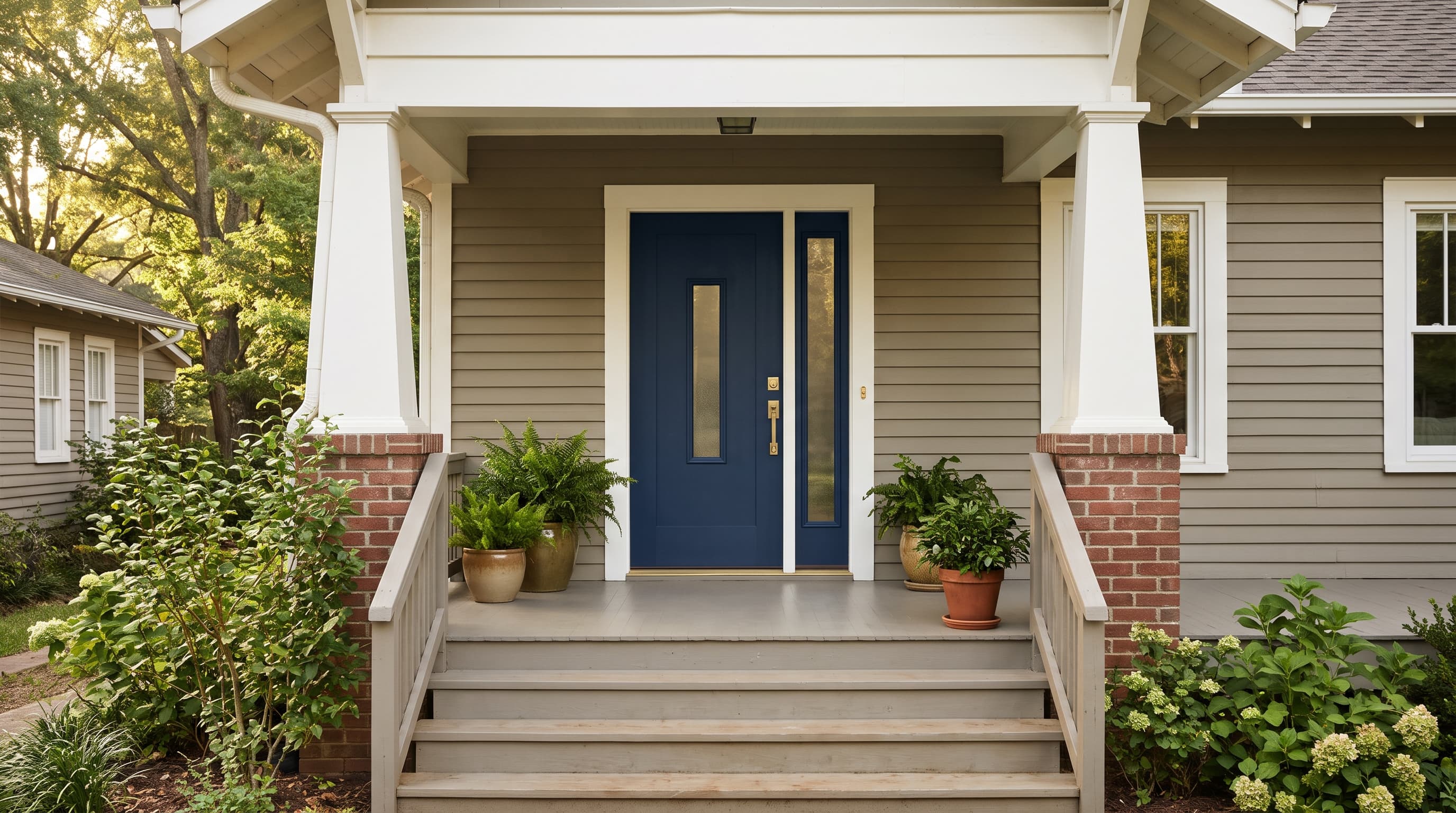 A covered front porch with a newly installed navy blue fiberglass entry door and glass sidelite