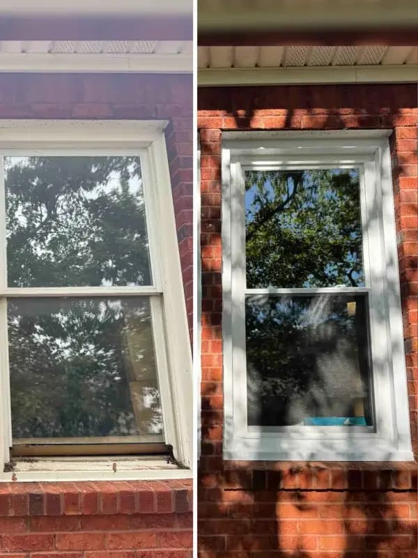 Before and after: a worn double-hung window in red brick replaced with a new white double-hung window