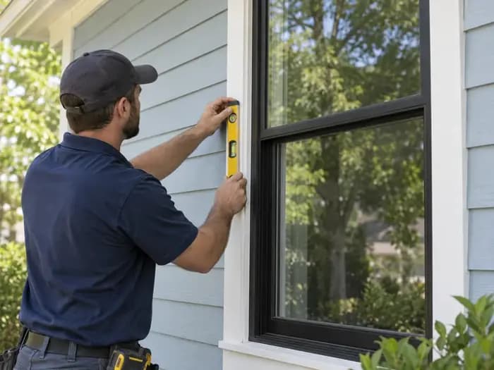 An installer checking a new exterior window with a level