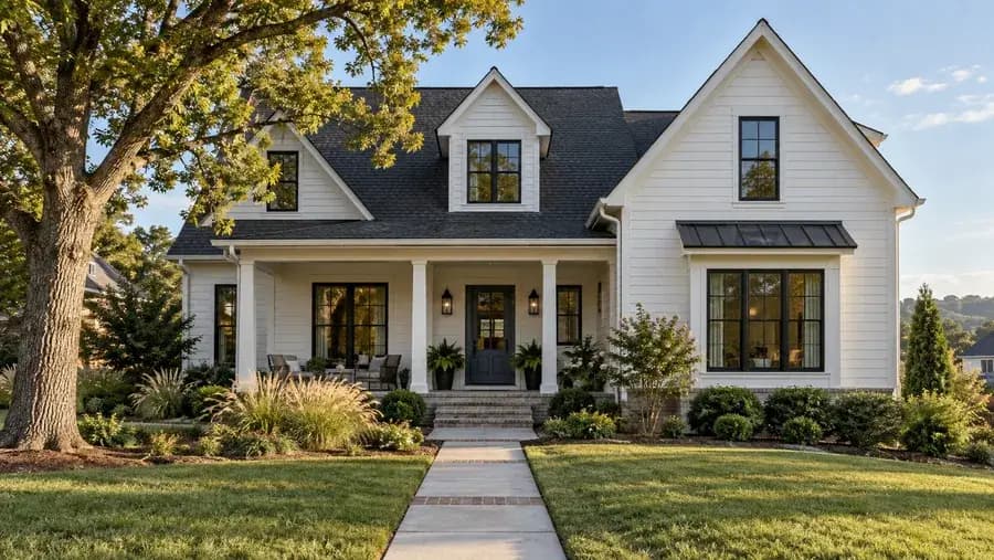 A white farmhouse with a dark architectural shingle roof