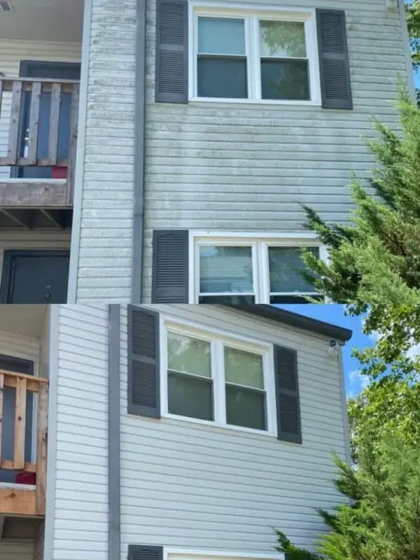 Before and after: grey vinyl siding streaked with mildew, then clean after a soft wash