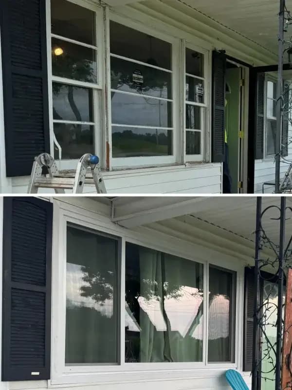 Before and after: old porch windows with failing frames replaced by a new white picture window and sliders