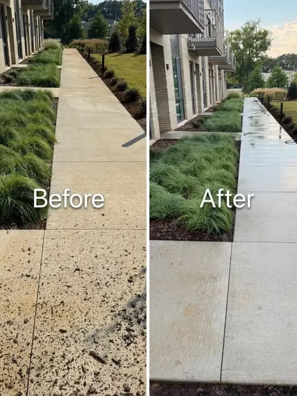 Before and after: a stained concrete walkway outside an apartment building, then clean