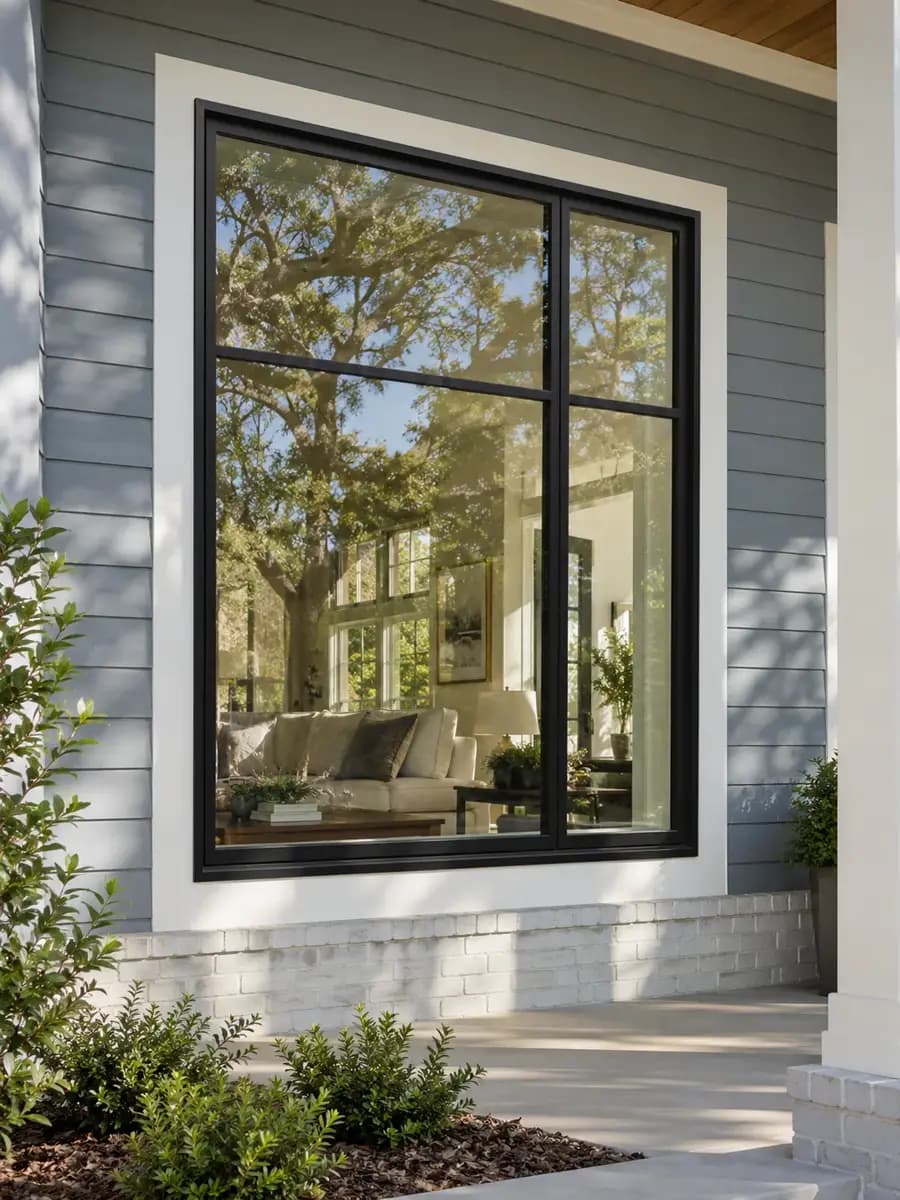 A large black-framed exterior window set into light blue lap siding